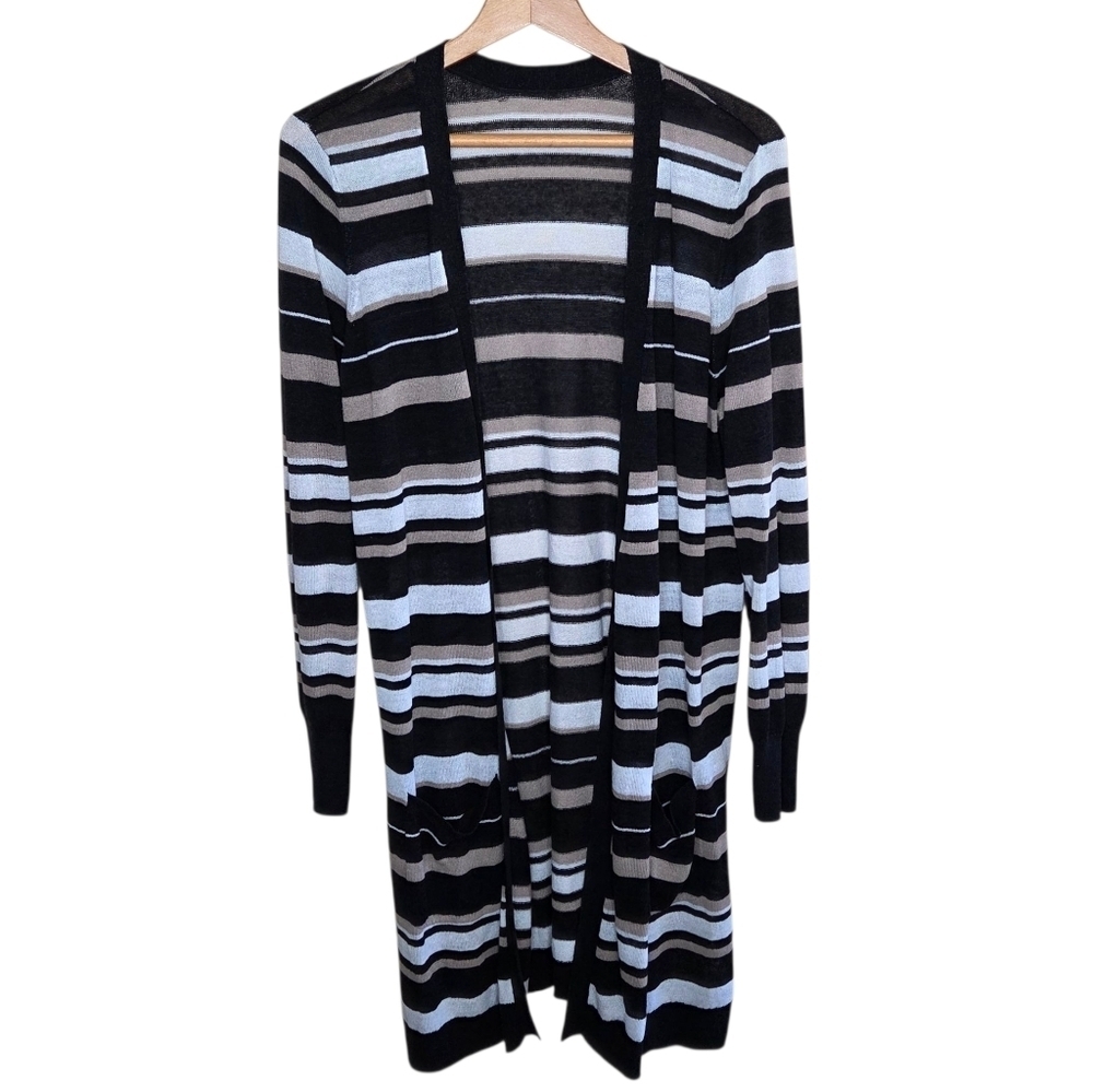 Black White Tan Striped Linen Blend Long Open Front Lightweight Cardigan Sweater